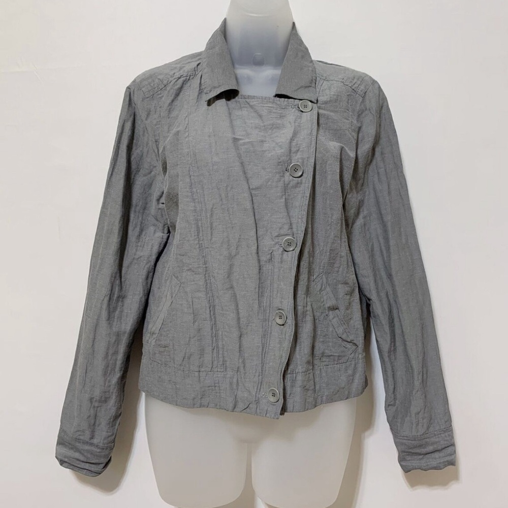 Eileen Fisher Women’s Gray Silver Crinkle Metallic Asymmetric Moto Jacket, m‎